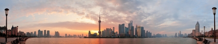 Shanghai morning city skyline silhouette panorama over river
