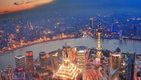 Shanghai sunset aerial view with urban architecture and riverのeditorial素材