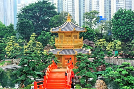 Pagoda style Chinese architecture in garden in Hong Kong.の写真素材