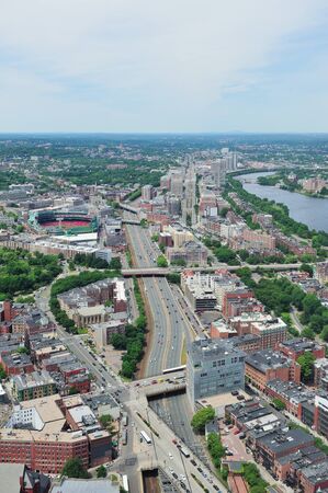 Boston city aerial view with urban buildings and highway.の写真素材