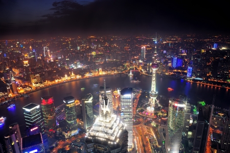 Shanghai city aerial view at night with lights and urban architectureのeditorial素材