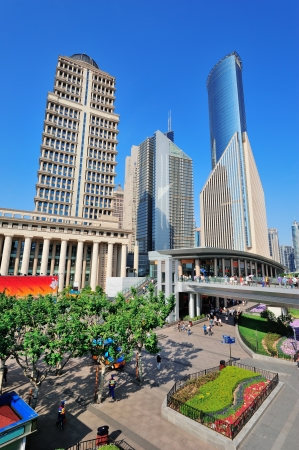 Shanghai street view with skyscrapers and blue sky.のeditorial素材