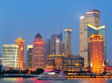 SHANGHAI, CHINA - JUNE 2: Crowded urban skyscrapers at dusk on June 2, 2012 in Shanghai, China. Shanghai is the largest city by population in the world with 23 million as in 2010.のeditorial素材