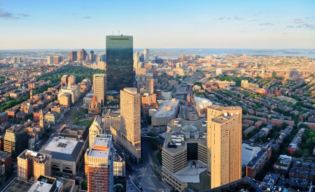 Urban city aerial view  Boston aerial view with skyscrapers at sunset with city downtown skyline の写真素材