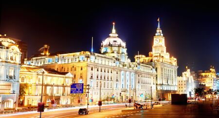 Shanghai historic architecture panorama at night on street with lights のeditorial素材