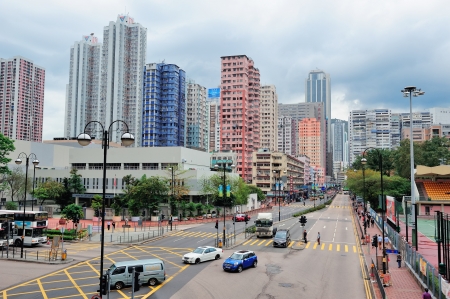HONG KONG, CHINA - APR 23: Street view with traffic on April 23, 2012 in Hong Kong, China. With 7M population and land mass of 1104 sq km, it is one of the most dense areas in the world.のeditorial素材