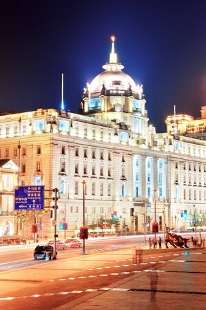 Shanghai historic architecture at night on street with lights.のeditorial素材