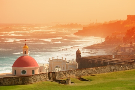 Old San Juan ocean view with buildings in red toneの写真素材
