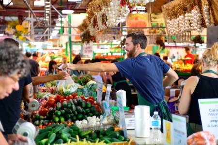 MONTREAL, CANADA - SEP 8: Jean-Talon Market interior on September 8, 2012 in Montreal, Canada. Montreal is the largest in Quebec, the second-largest in Canada and the 15th-largest in North America.のeditorial素材