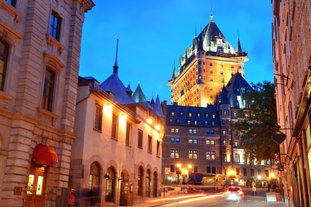 Chateau Frontenac at dusk in Quebec City with streetのeditorial素材