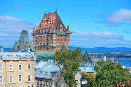 Quebec City cityscape panorama with cloud, blue sky and historical buildings.の写真素材