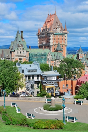 Quebec City cityscape panorama with cloud, blue sky and historical buildings.の写真素材