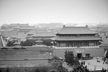 Aerial view of Imperial Palace in black and white in Beijing, China.のeditorial素材