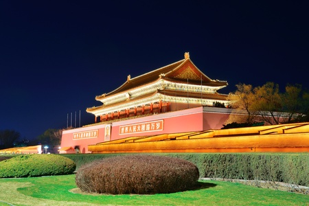 BEIJING, CHINA - APR 1: Tiananmen exterior with decorations at night on April 1, 2013 in Beijing, China. It is a famous monument in Beijing and serves as a national symbol.のeditorial素材