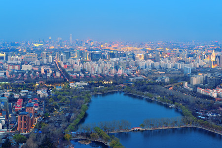 Beijing at night aerial view with urban buildings.の写真素材