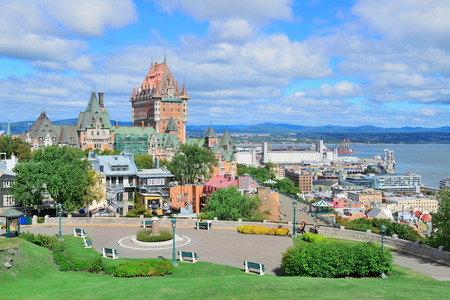 Quebec City cityscape panorama with cloud, blue sky and historical buildings.の写真素材