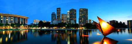Los Angeles downtown at night with urban buildings and lakeの写真素材