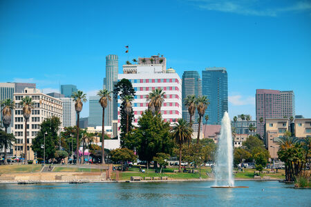Los Angeles downtown view from park with urban architectures and fountain.の写真素材