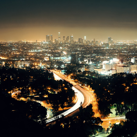 Los Angeles at night with urban buildingsの写真素材
