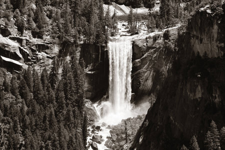 Waterfalls in Yosemite National Park in California BWの写真素材