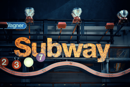 NEW YORK CITY, NY - MAR 30: Subway station entrance on March 30, 2014 in New York City. With 468 stations, NYC Subway is one of the worldのeditorial素材