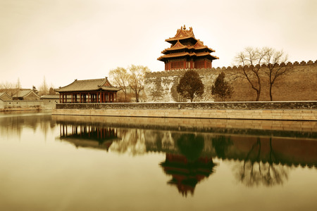 Corner Tower in black and white in Imperial Palace in Beijing, Chinaのeditorial素材