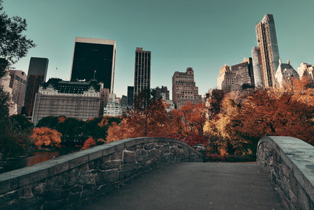 Central Park Autumn with bridge in midtown Manhattan New York Cityの写真素材