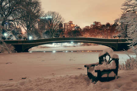 Central Park winter with frozen lake and chair at night in midtown Manhattan New York Cityの写真素材
