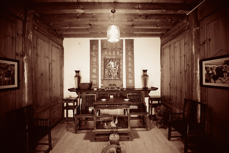 Local Bai style architecture interior in Dali old town. Yunnan, China.のeditorial素材
