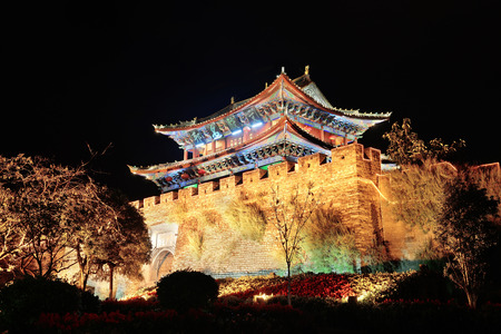 South gate of Dali Town at night, Yunnan, Chinaの写真素材