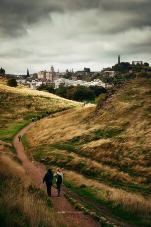 Edinburgh city viewed from top of Arthur's Seat in Holyrood Parkの写真素材