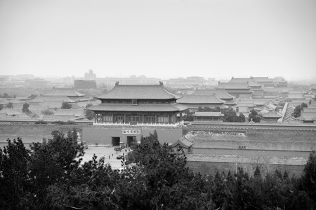 Aerial view of Imperial Palace in black and white in Beijing, China.のeditorial素材