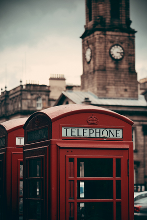 Edinburgh city street view with telephone box in United Kingdom.