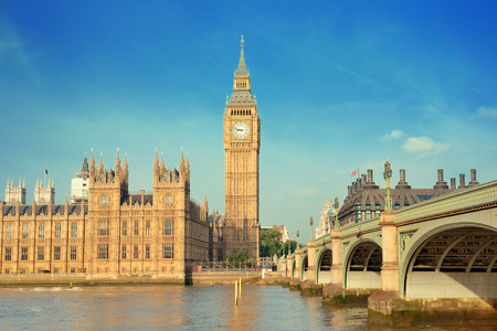 Big Ben and House of Parliament in London panorama over Thames River.の写真素材