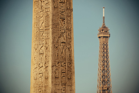 Luxor Egyptian Obelisk with Eiffel Tower at the center of Place de la Concorde