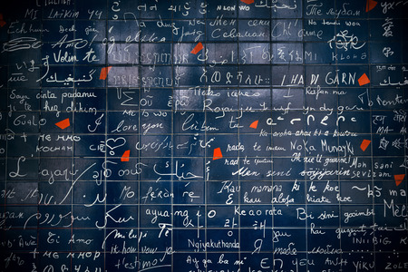 PARIS, FRANCE - MAY 13: Le Mur des Je t'aime (the Wall of Love) closeup on May 13, 2015 in Paris. It is the most-visited paid monument in the world with annual 250M visitors.のeditorial素材