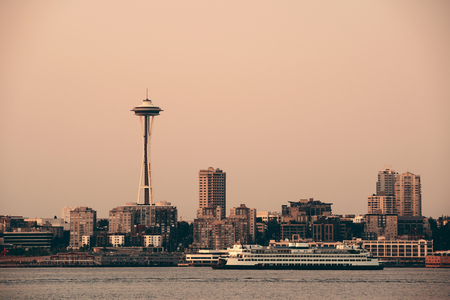 Seattle city skyline view over sea with urban architecture and Space Needle.の写真素材
