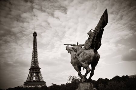 Eiffel tower and statue in Paris, Franceの写真素材