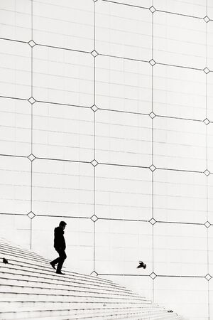 PARIS, FRANCE - MAY 13: Pedestrian and pigeon in la Defense business district on May 13, 2015 in...