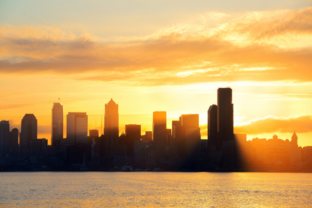 Seattle sunrise with downtown building silhouetteの写真素材