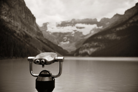 Lake Louise with binocular in Banff national park with mountains and forest in Canada.の写真素材