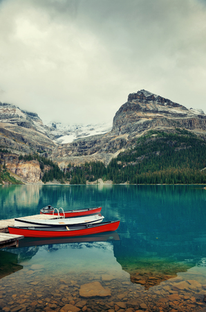 Lake O'hara, Yohu National Park with canoe, Canada.の写真素材