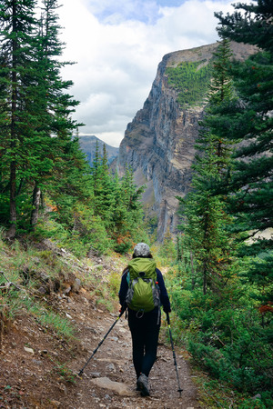 A female hiker in Banff national park view with mountains and forest in Canada.の写真素材