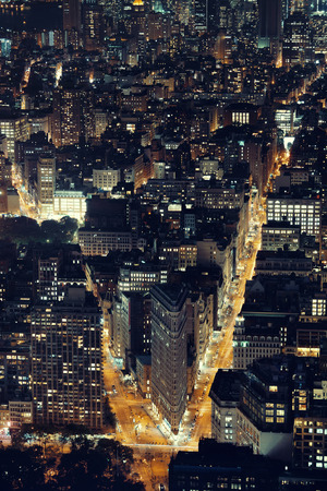 New York City - SEP 11: Flatiron Building closeup at night on September 11, 2015 in New York City. It is one of the most iconic skyscrapers and the symbol of New York City.のeditorial素材