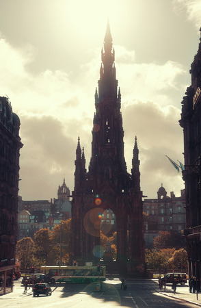EDINBURGH, UK - OCT 8: Scott Monument with street view on October 8, 2013 in Edinburgh. As the capital city of Scotland, it is the largest financial centre after London in the UK.のeditorial素材