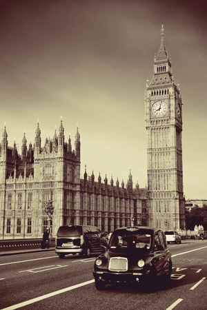 Vintage taxi on Westminster Bridge with Big Ben in London. Black and whiteの写真素材