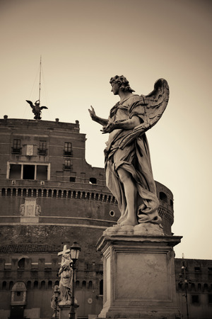 Castel Sant Angelo angel statue closeup in Rome, Italy in black and white.の写真素材