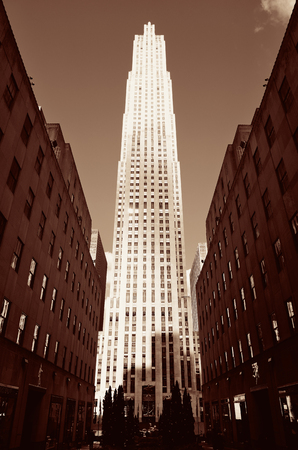 NEW YORK CITY, NY - MAR 30: Rockefeller Plaza street view on March 30, 2014 in New York City. Declared a National Historic Landmark in 1987, it is a complex of 19 commercial buildingsのeditorial素材