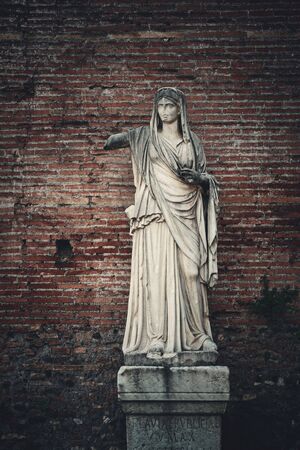 Statue closeup in front of brick wall in Rome Forum. Italy.の写真素材
