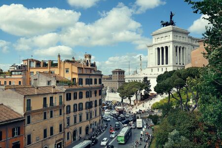 Street view with National Monument to Victor Emmanuel II in Rome, Italy.のeditorial素材